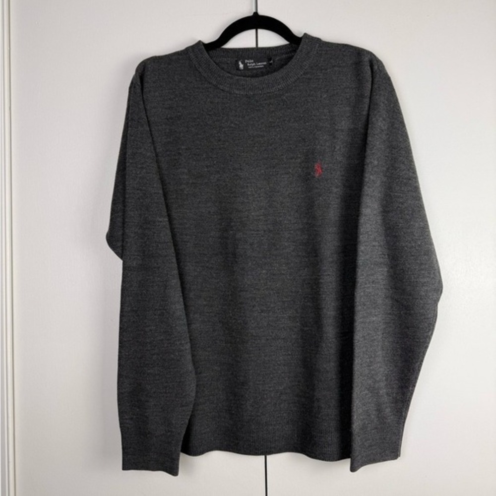 Polo Ralph Lauren Mens Cashmere Crewneck Sweater Charcoal Gray Red Pony Large